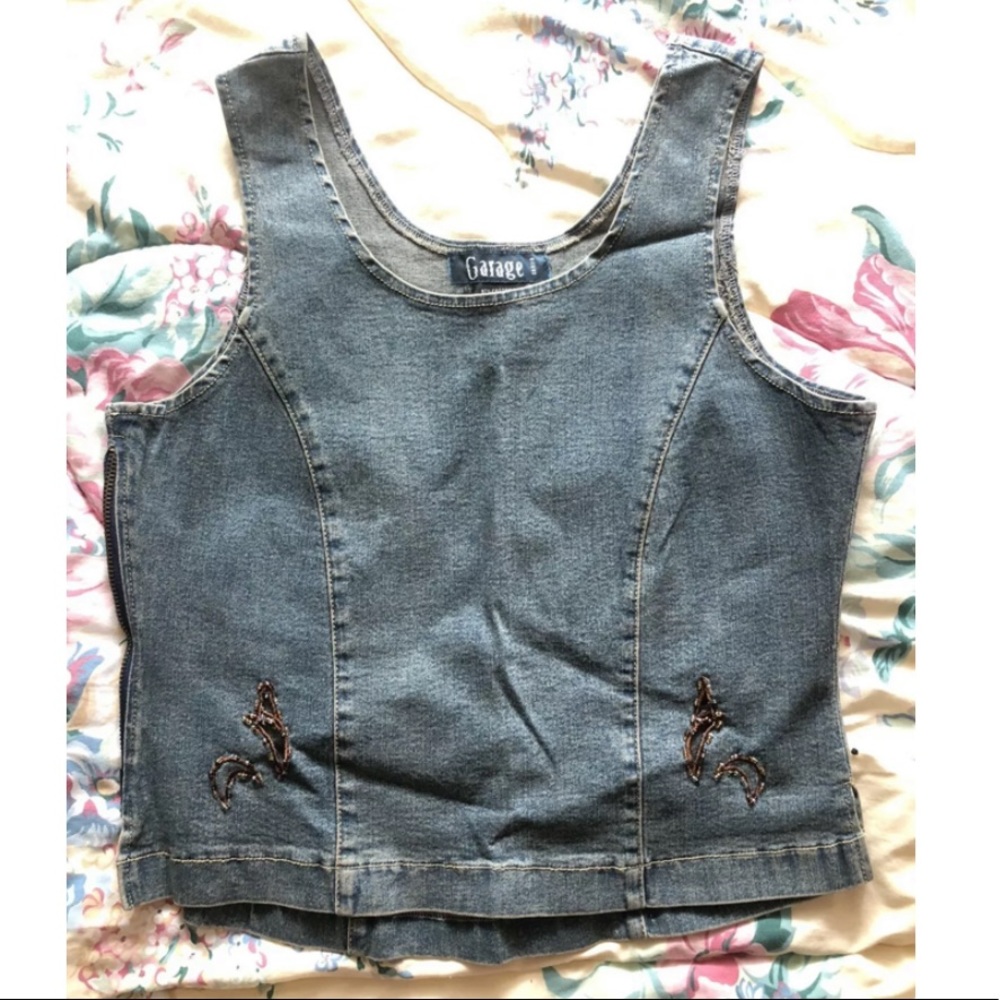 New Garage 90s Y2K vintage inspo washed blue denim stretch crop tank top 9 XS S